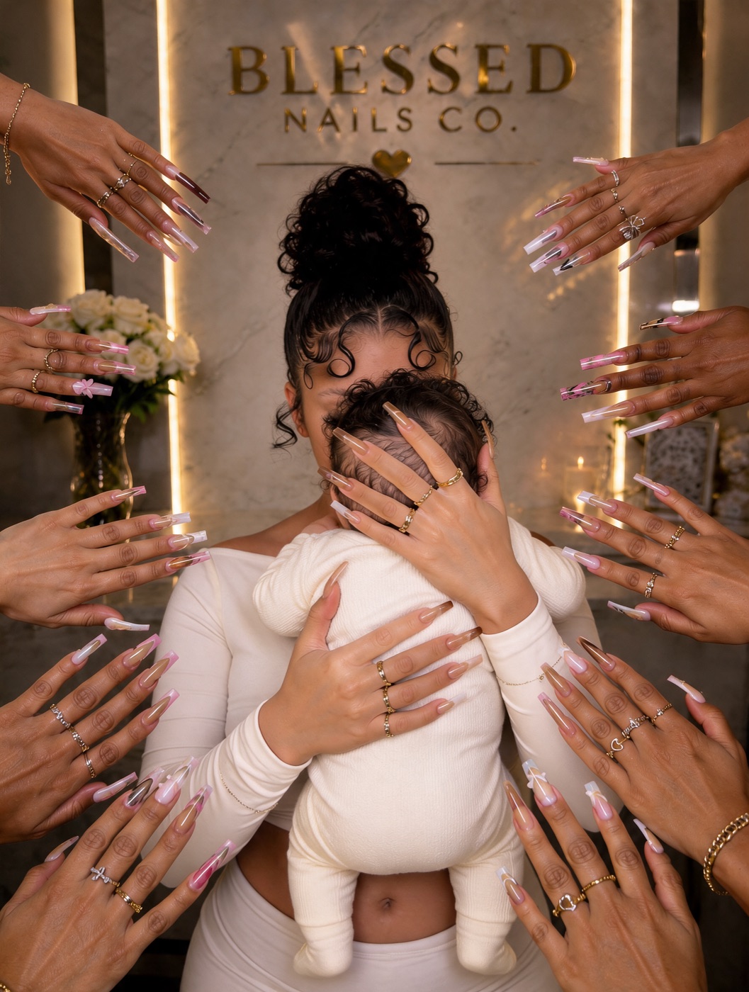 Maya holding her son under the Blessed Nails Co sign, surrounded by her clients' hands