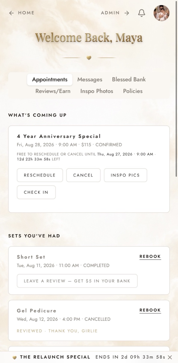 YOUR APPOINTMENTS — inside the Blessed Nails Co client portal