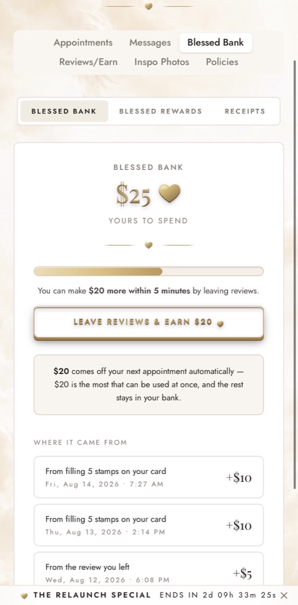 YOUR BLESSED BANK — inside the Blessed Nails Co client portal