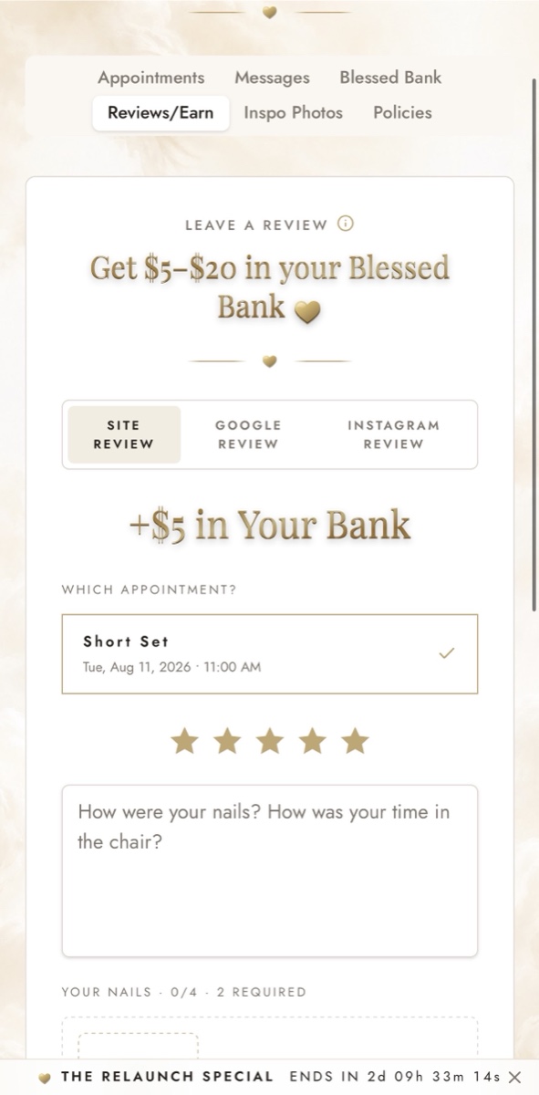 REVIEWS & EARN — inside the Blessed Nails Co client portal